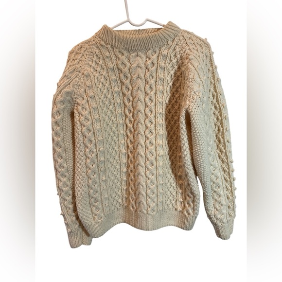 Vintage Homemade Cream Chunky Cable Knit Wool Sweater Adult M(?) Fisherman - Picture 1 of 7